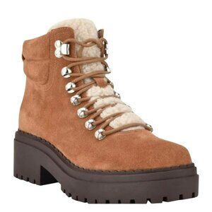 Marc Fisher Nairy Suede Lace-Up Shearling Hiking Boots Womens 7M Cognac